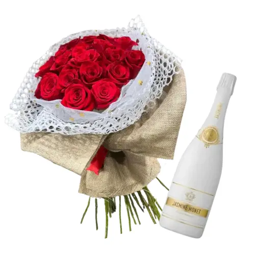 Ramo de 24 rosas importadas con arpillera y jamsine white blanc